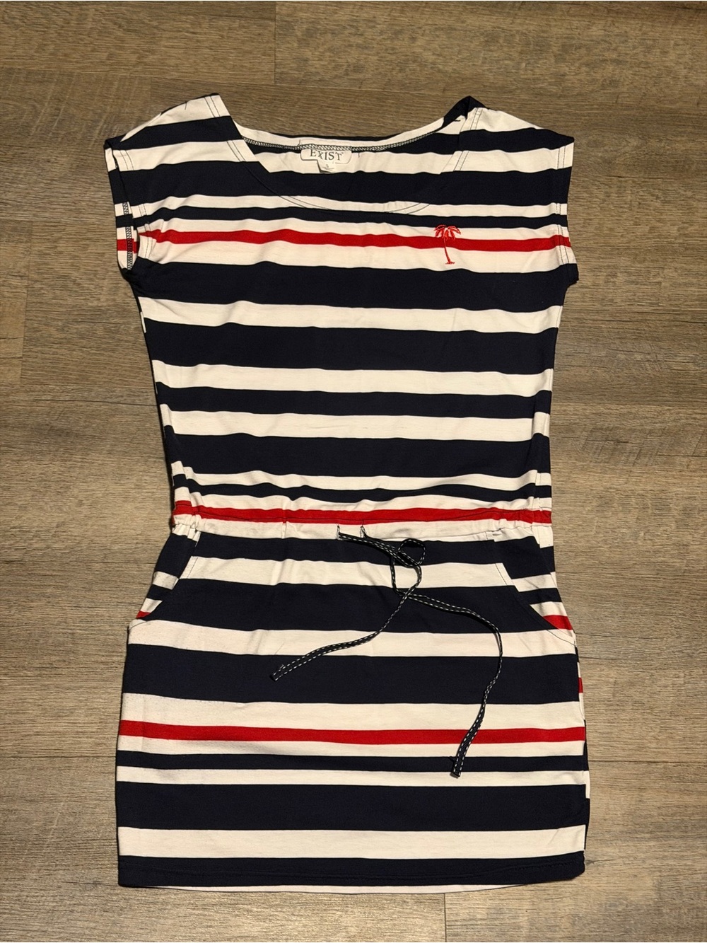 Exist Navy, White & Red Striped Casual Drawstring Dress